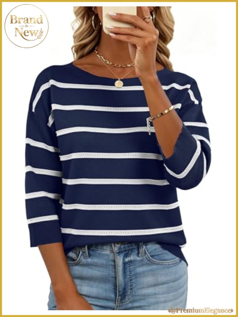 Women's Casual Boat Neck 3/4 Sleeve Lightweight Knit Pullover Sweater
